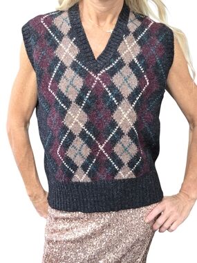 Vintage 90s Wool Argyle Sweater Vest Made in England Preppy M